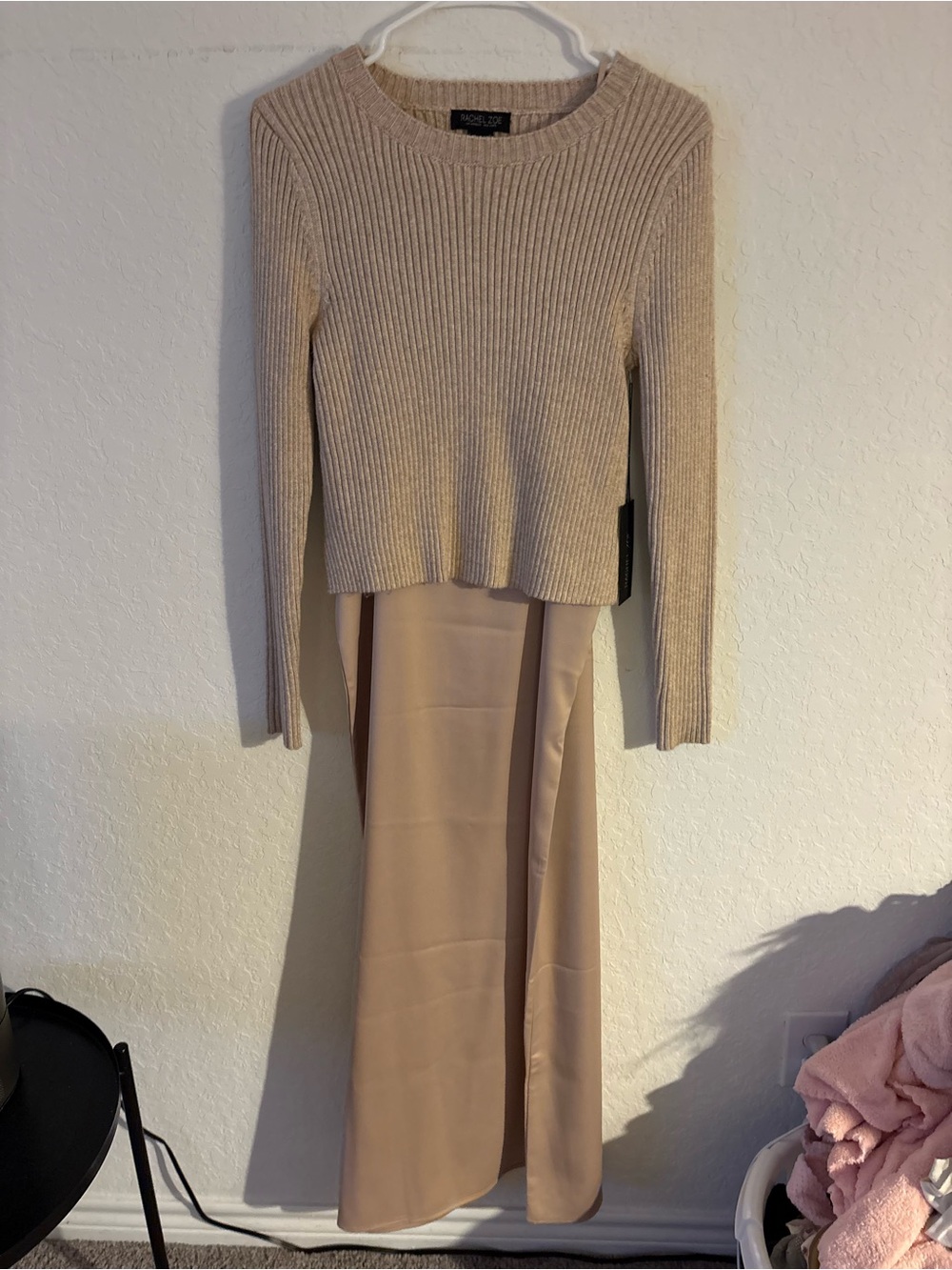 Rachel Zoe Beige Knit Sweater with Tan Satin Maxi Skirt